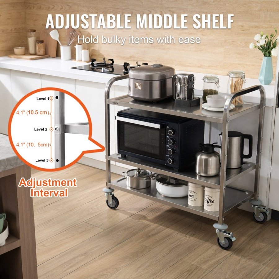 VEVOR Kitchen Utility Cart, 3 Tiers, Wire Rolling Cart with 450LBS Capacity, Steel Service Cart on Wheels, Metal Storage Trolley with 80mm Basket Curved Handle PP Liner 6 Hooks, for Indoor and Outdoor