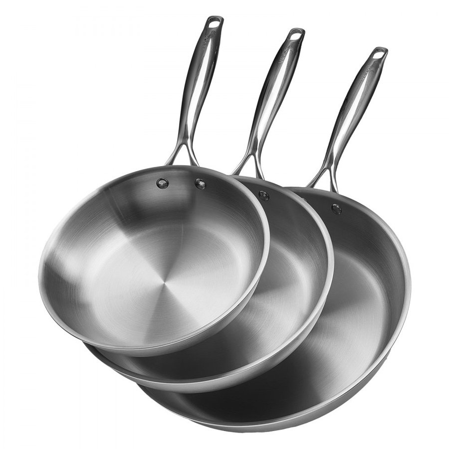 VEVOR Tri-Ply Stainless Steel Frying Pan, 3 Piece (240, 280, 320 mm), Cooking Skillet with Heat-Resistant Handle, Chef's Kitchen Cookware, Oven, Gas, Electric, Induction, Dishwasher Compatible, Silver