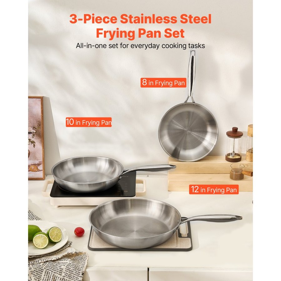 VEVOR Tri-Ply Stainless Steel Frying Pan, 3 Piece (240, 280, 320 mm), Cooking Skillet with Heat-Resistant Handle, Chef's Kitchen Cookware, Oven, Gas, Electric, Induction, Dishwasher Compatible, Silver
