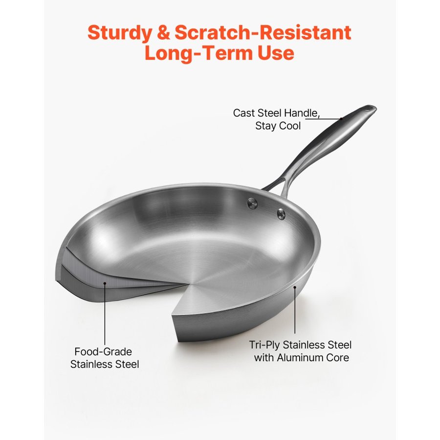 VEVOR Tri-Ply Stainless Steel Frying Pan, 3 Piece (240, 280, 320 mm), Cooking Skillet with Heat-Resistant Handle, Chef's Kitchen Cookware, Oven, Gas, Electric, Induction, Dishwasher Compatible, Silver