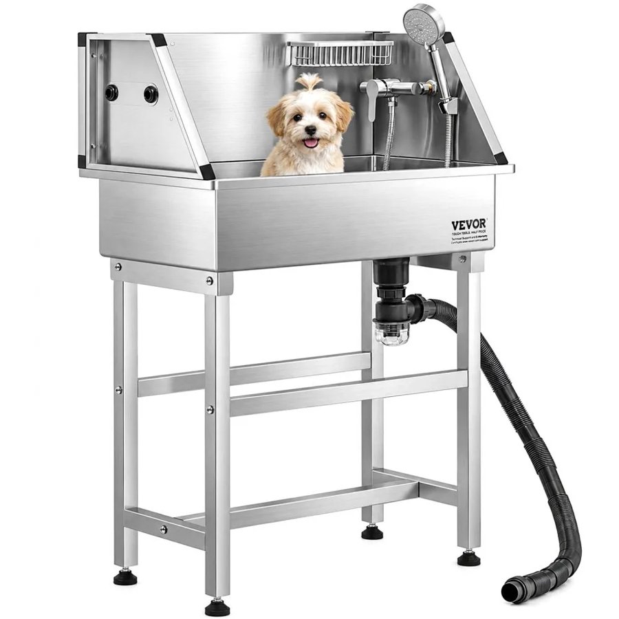 VEVOR 86.4 cm Stainless Steel Dog Washing Station, Pet Grooming Tub with Hot & Cold Faucet, Showerhead, Storage Rack, No-Bend All-in-One Bathtub, Home Wash Sink, Fits Small Cats and Dogs