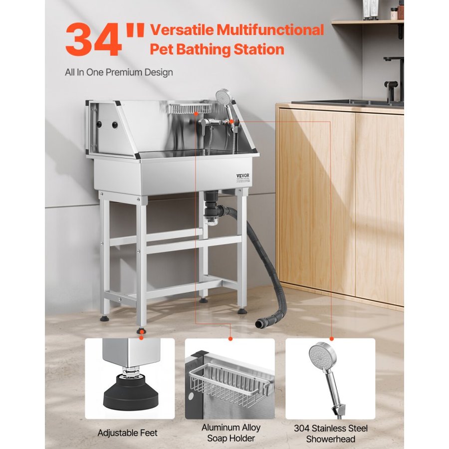 VEVOR 86.4 cm Stainless Steel Dog Washing Station, Pet Grooming Tub with Hot & Cold Faucet, Showerhead, Storage Rack, No-Bend All-in-One Bathtub, Home Wash Sink, Fits Small Cats and Dogs