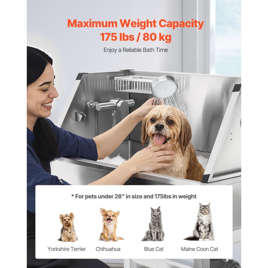 VEVOR 86.4 cm Stainless Steel Dog Washing Station, Pet Grooming Tub with Hot & Cold Faucet, Showerhead, Storage Rack, No-Bend All-in-One Bathtub, Home Wash Sink, Fits Small Cats and Dogs