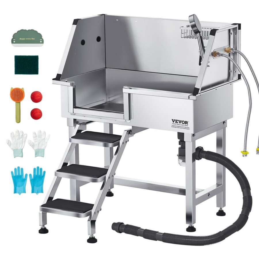 VEVOR 86.4 cm Stainless Steel Dog Washing Station, Pet Grooming Tub with Hot & Cold Faucet, Showerhead, Home Wash Sink, Fits Small Cats and Dogs, Non-Slip Stairs (Left Door)