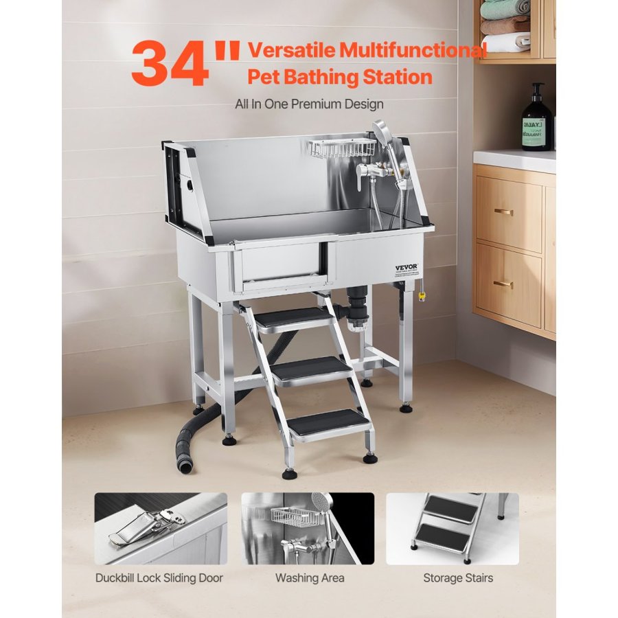 VEVOR 86.4 cm Stainless Steel Dog Washing Station, Pet Grooming Tub with Hot & Cold Faucet, Showerhead, Home Wash Sink, Fits Small Cats and Dogs, Non-Slip Stairs (Left Door)