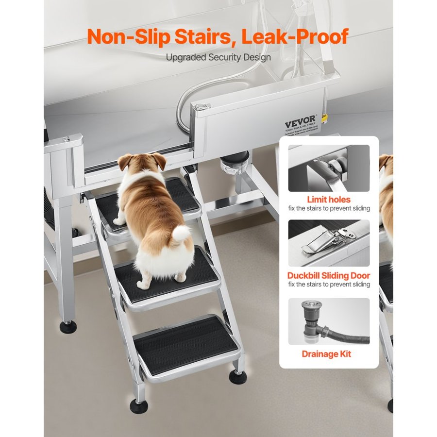 VEVOR 86.4 cm Stainless Steel Dog Washing Station, Pet Grooming Tub with Hot & Cold Faucet, Showerhead, Home Wash Sink, Fits Small Cats and Dogs, Non-Slip Stairs (Left Door)