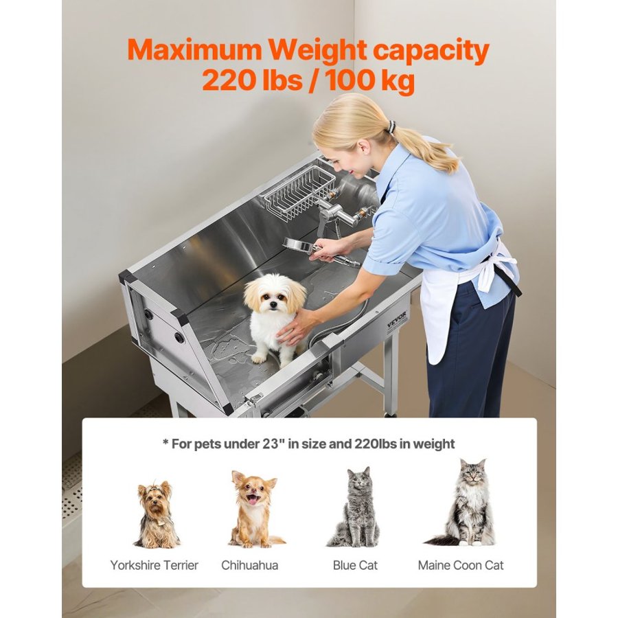 VEVOR 86.4 cm Stainless Steel Dog Washing Station, Pet Grooming Tub with Hot & Cold Faucet, Showerhead, Home Wash Sink, Fits Small Cats and Dogs, Non-Slip Stairs (Left Door)