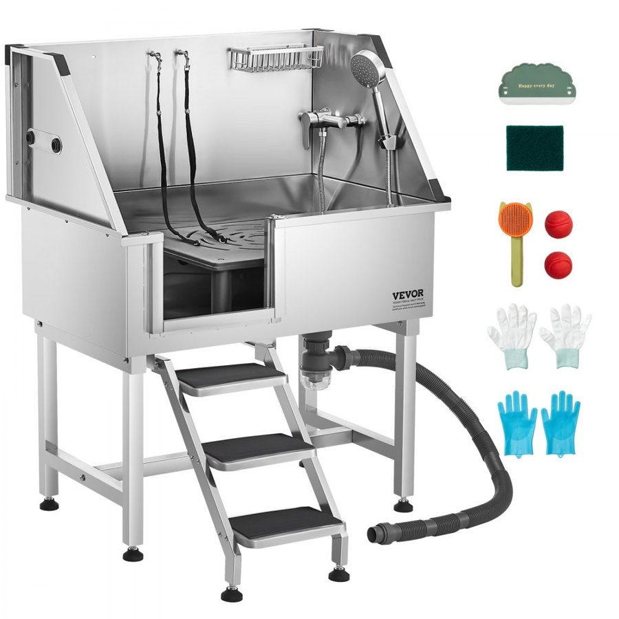 VEVOR 96.5 cm Stainless Steel Dog Washing Station, Pet Grooming Tub with Hot & Cold Faucet, Showerhead, Home Wash Sink, Fits Small and Medium Cats and Dogs, Non-Slip Stairs (Left Door)