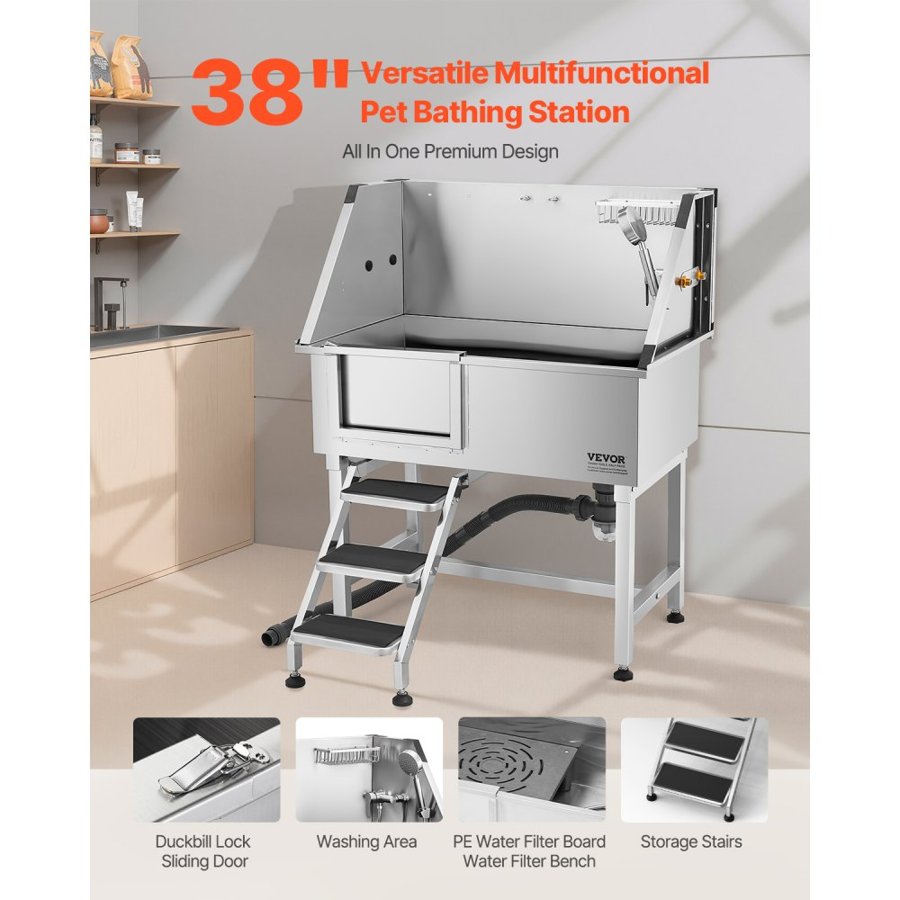 VEVOR 96.5 cm Stainless Steel Dog Washing Station, Pet Grooming Tub with Hot & Cold Faucet, Showerhead, Home Wash Sink, Fits Small and Medium Cats and Dogs, Non-Slip Stairs (Left Door)