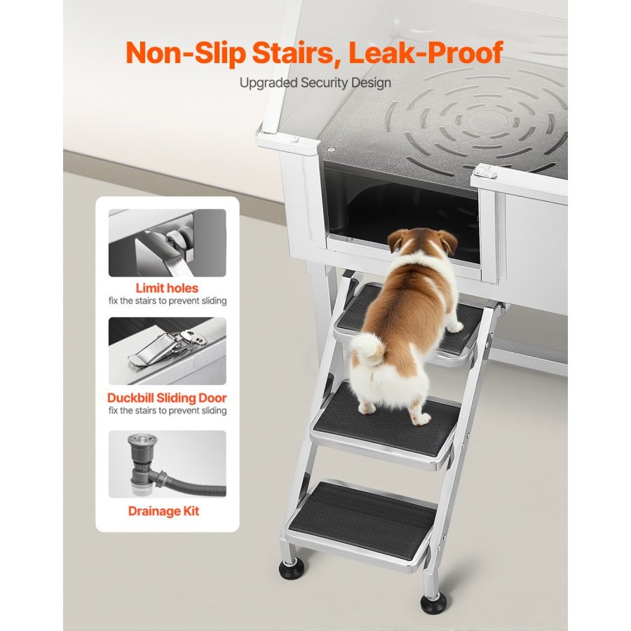 VEVOR 96.5 cm Stainless Steel Dog Washing Station, Pet Grooming Tub with Hot & Cold Faucet, Showerhead, Home Wash Sink, Fits Small and Medium Cats and Dogs, Non-Slip Stairs (Left Door)