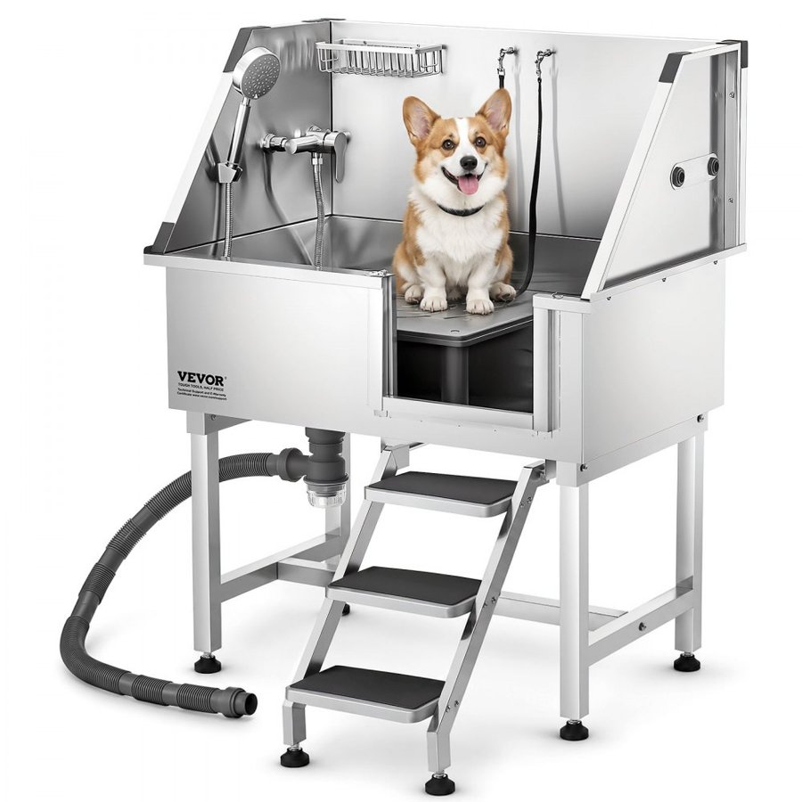 VEVOR 96.5 cm Stainless Steel Dog Washing Station, Pet Grooming Tub with Hot & Cold Faucet, Showerhead, Home Wash Sink, Fits Small and Medium Cats and Dogs, Non-Slip Stairs (Right Door)