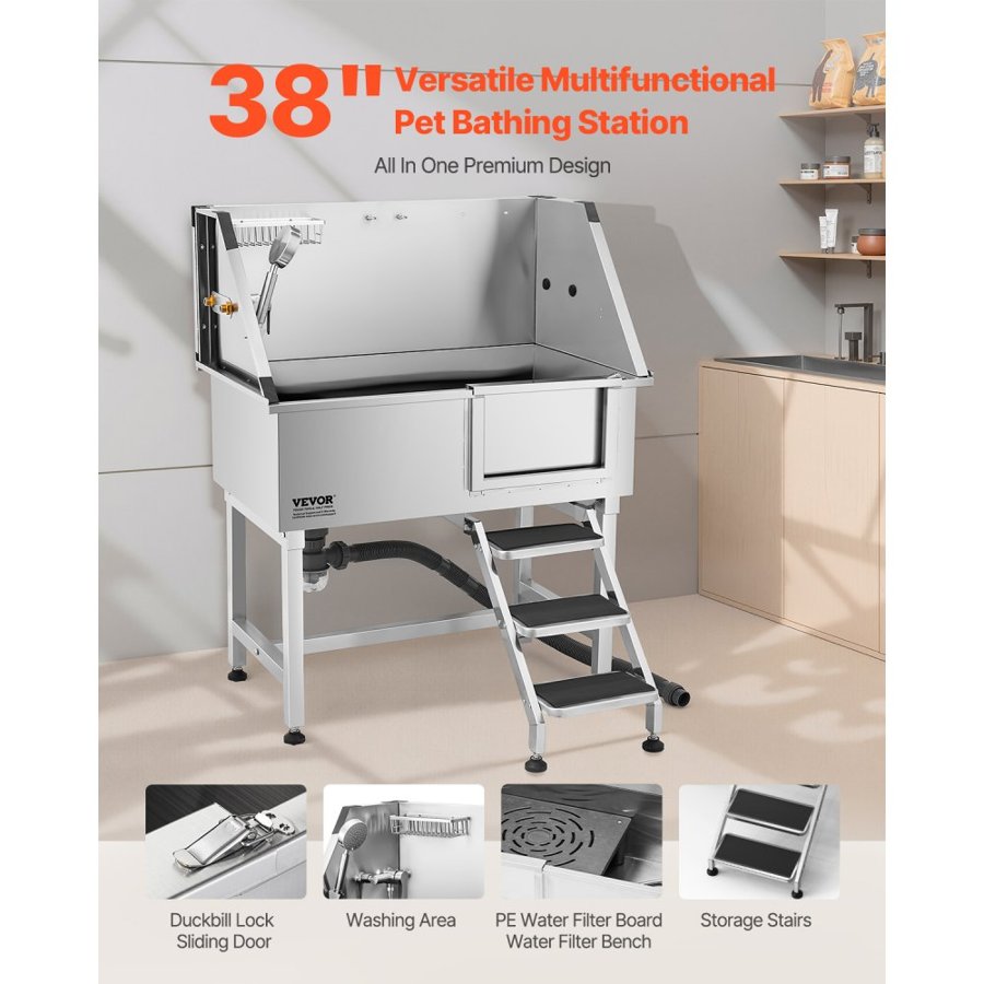 VEVOR 96.5 cm Stainless Steel Dog Washing Station, Pet Grooming Tub with Hot & Cold Faucet, Showerhead, Home Wash Sink, Fits Small and Medium Cats and Dogs, Non-Slip Stairs (Right Door)