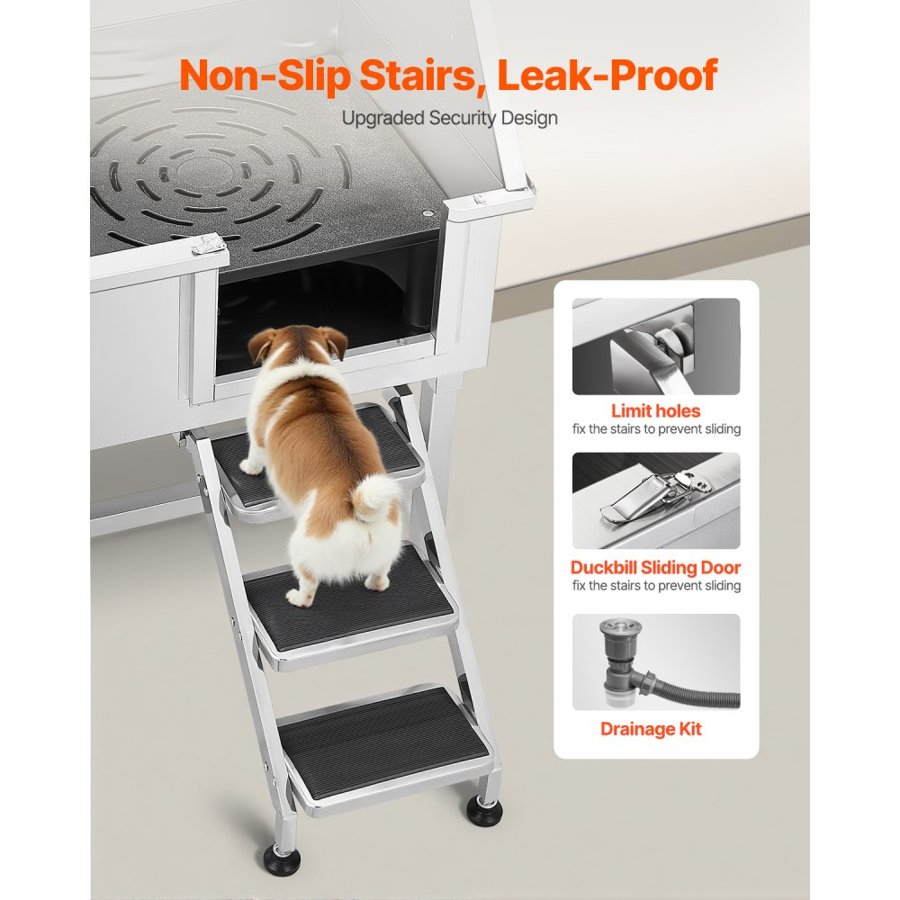 VEVOR 96.5 cm Stainless Steel Dog Washing Station, Pet Grooming Tub with Hot & Cold Faucet, Showerhead, Home Wash Sink, Fits Small and Medium Cats and Dogs, Non-Slip Stairs (Right Door)