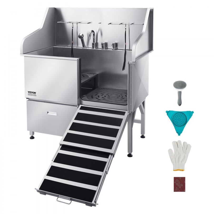 VEVOR 304 Stainless Steel Dog Washing Station, 127 cm Pet Grooming Tub with Non-Slip Low-Slope Ramp, Storage Drawer, Hot & Cold Faucet, All-in-One Bath for Grooming Shop, Fits All Sizes (Right Door)