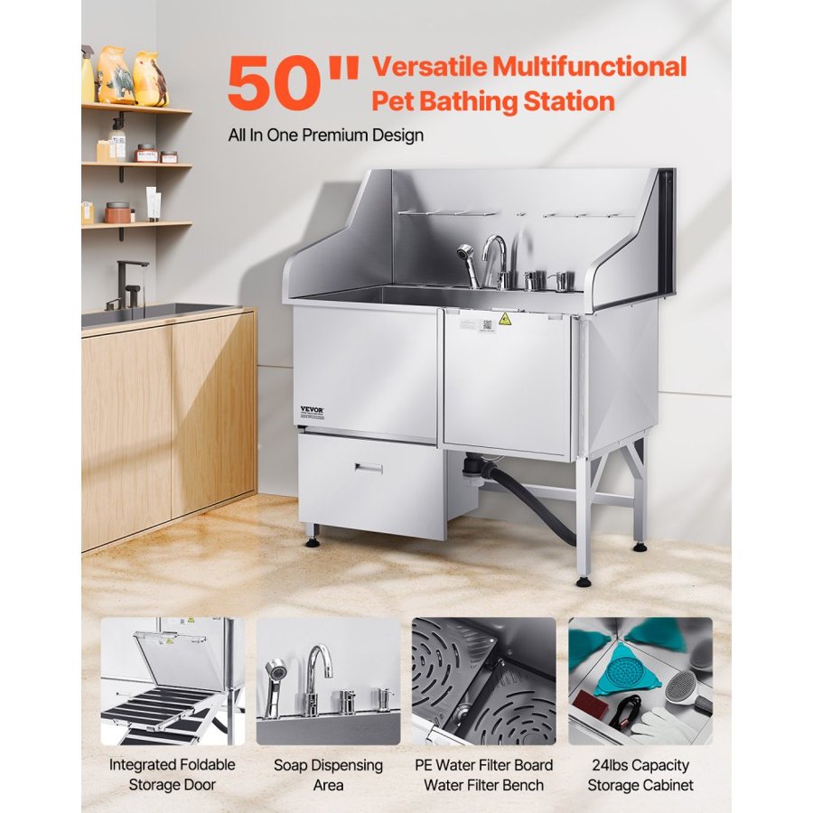 VEVOR 304 Stainless Steel Dog Washing Station, 127 cm Pet Grooming Tub with Non-Slip Low-Slope Ramp, Storage Drawer, Hot & Cold Faucet, All-in-One Bath for Grooming Shop, Fits All Sizes (Right Door)