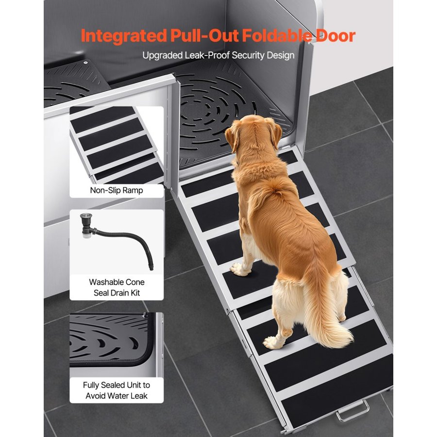 VEVOR 304 Stainless Steel Dog Washing Station, 127 cm Pet Grooming Tub with Non-Slip Low-Slope Ramp, Storage Drawer, Hot & Cold Faucet, All-in-One Bath for Grooming Shop, Fits All Sizes (Right Door)