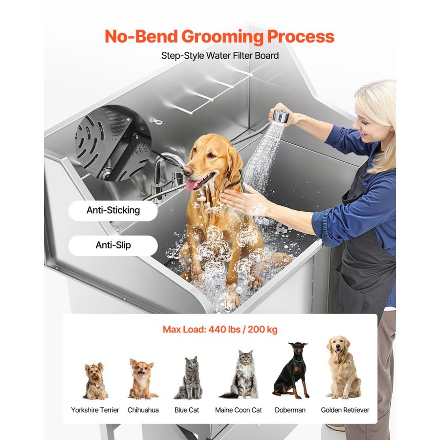 VEVOR 304 Stainless Steel Dog Washing Station, 127 cm Pet Grooming Tub with Non-Slip Low-Slope Ramp, Storage Drawer, Hot & Cold Faucet, All-in-One Bath for Grooming Shop, Fits All Sizes (Right Door)