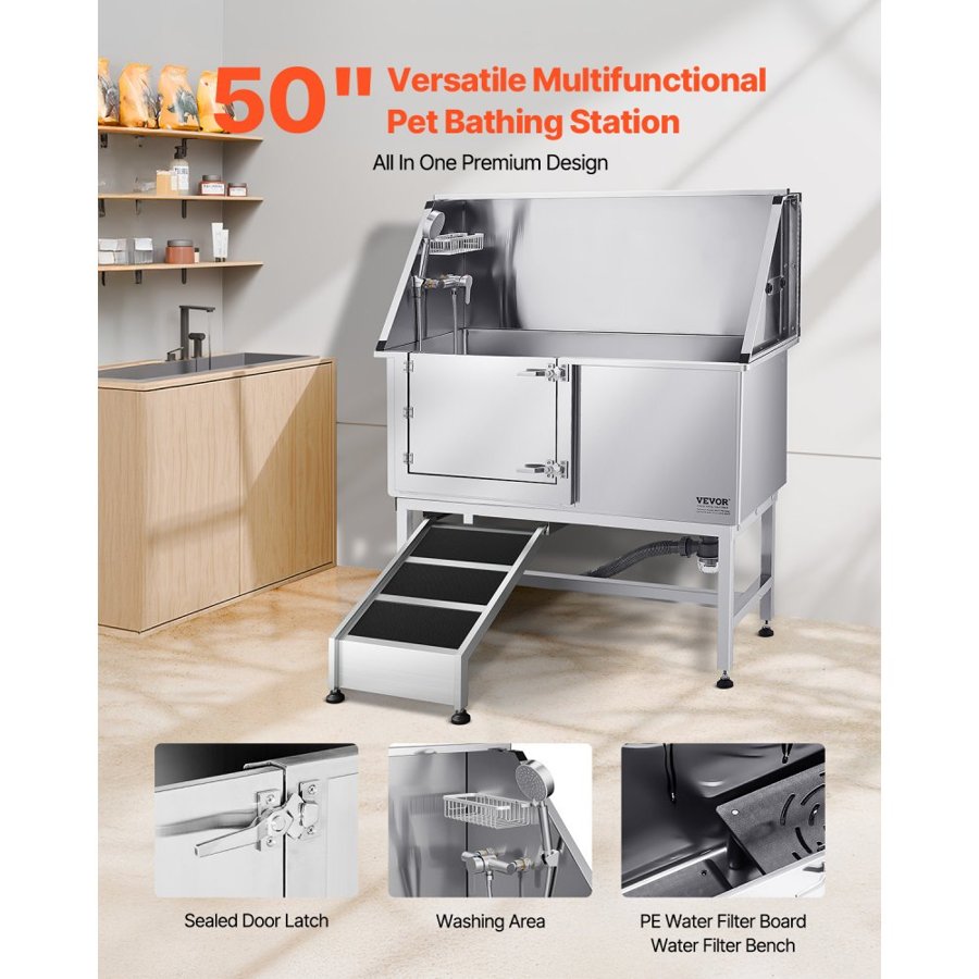 VEVOR Stainless Steel Dog Washing Station, 127 cm Pet Grooming Tub w/ Ramp, PE Water Filter Board, Faucet & Showerhead & Soap Holder Dog Bathtub for Large & Medium & Small Pets (Left Door)