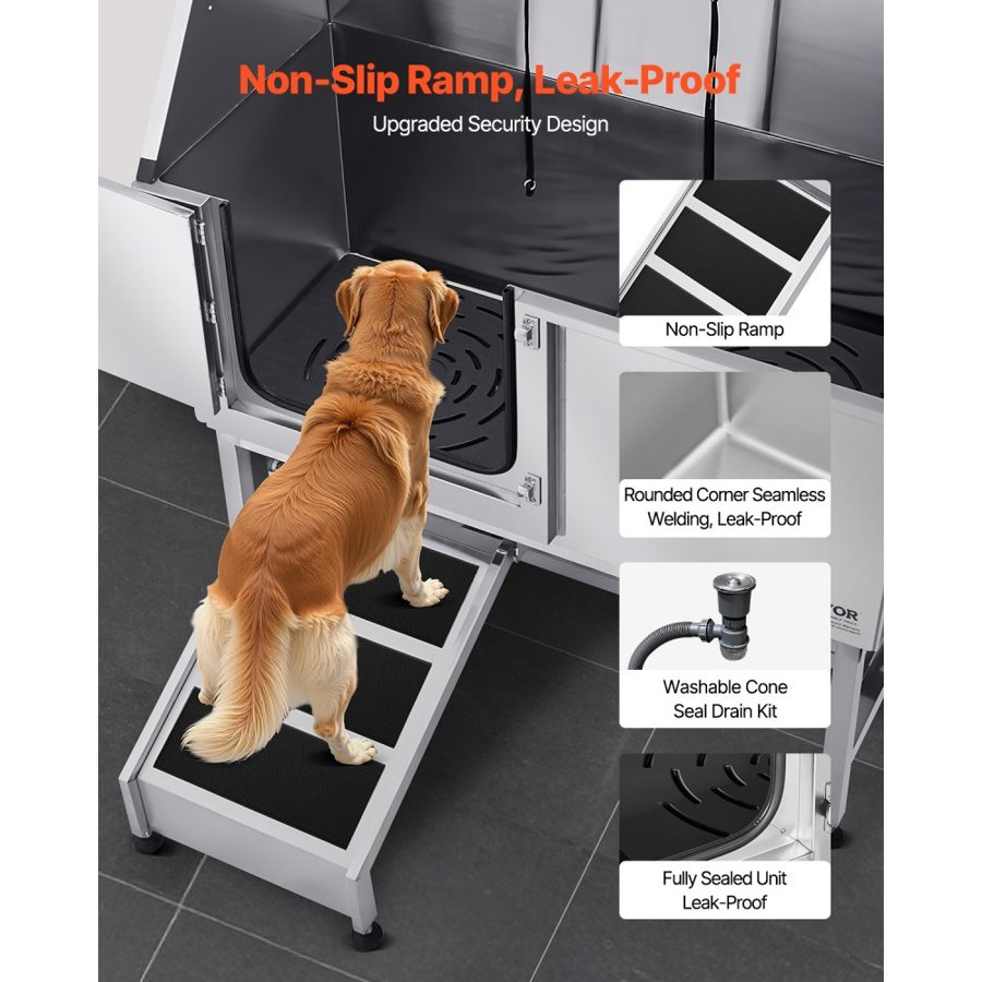 VEVOR Stainless Steel Dog Washing Station, 127 cm Pet Grooming Tub w/ Ramp, PE Water Filter Board, Faucet & Showerhead & Soap Holder Dog Bathtub for Large & Medium & Small Pets (Left Door)