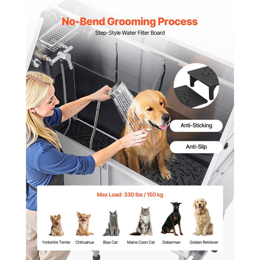 VEVOR Stainless Steel Dog Washing Station, 127 cm Pet Grooming Tub w/ Ramp, PE Water Filter Board, Faucet & Showerhead & Soap Holder Dog Bathtub for Large & Medium & Small Pets (Left Door)