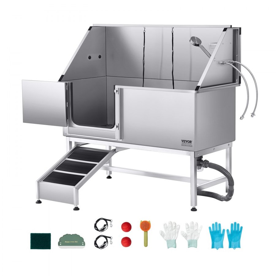 VEVOR Stainless Steel Dog Washing Station, 157.48 cm Pet Grooming Tub w/ Ramp, PE Water Filter Board, Faucet & Showerhead & Soap Holder Dog Bathtub for Large & Medium & Small Pets (Left Door)