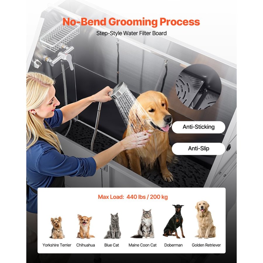VEVOR Stainless Steel Dog Washing Station, 157.48 cm Pet Grooming Tub w/ Ramp, PE Water Filter Board, Faucet & Showerhead & Soap Holder Dog Bathtub for Large & Medium & Small Pets (Left Door)