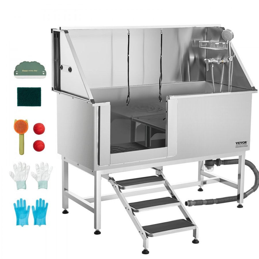 VEVOR Stainless Steel Dog Washing Station, 157.48 cm Pet Grooming Tub w/ Stairs, PE Water Filter Board, Faucet & Showerhead & Soap Holder Dog Bathtub for Large & Medium & Small Pets (Left Door)