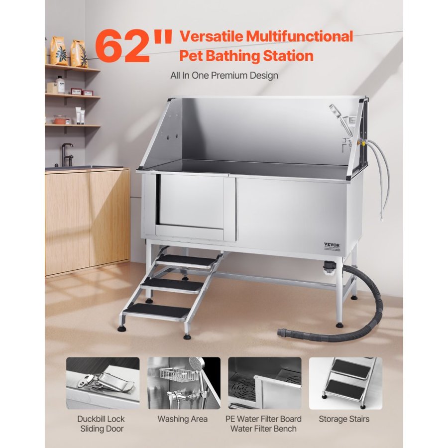 VEVOR Stainless Steel Dog Washing Station, 157.48 cm Pet Grooming Tub w/ Stairs, PE Water Filter Board, Faucet & Showerhead & Soap Holder Dog Bathtub for Large & Medium & Small Pets (Left Door)