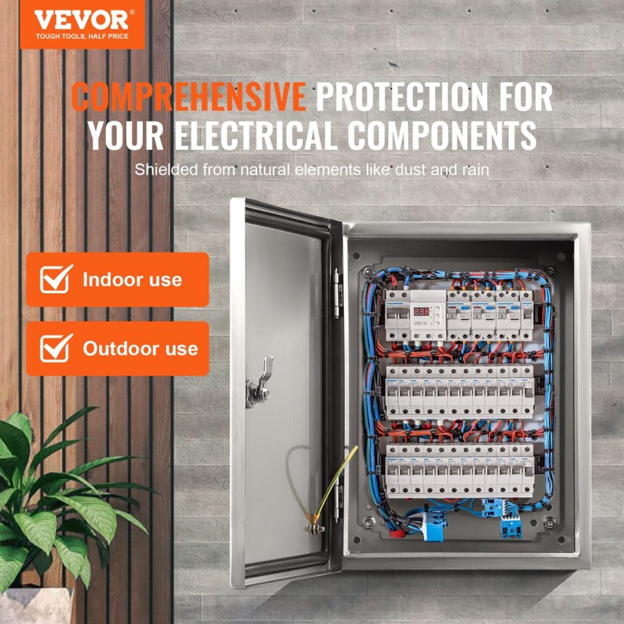 VEVOR Steel Electrical Box, 40.6 x 30.5 x 15.2 cm, 304 Stainless Steel Electrical Enclosure Box, Wall-Mounted Outdoor Electrical Electronic Equipment Enclosure with Mounting Plate Hinges Lock, IP66 Waterproof