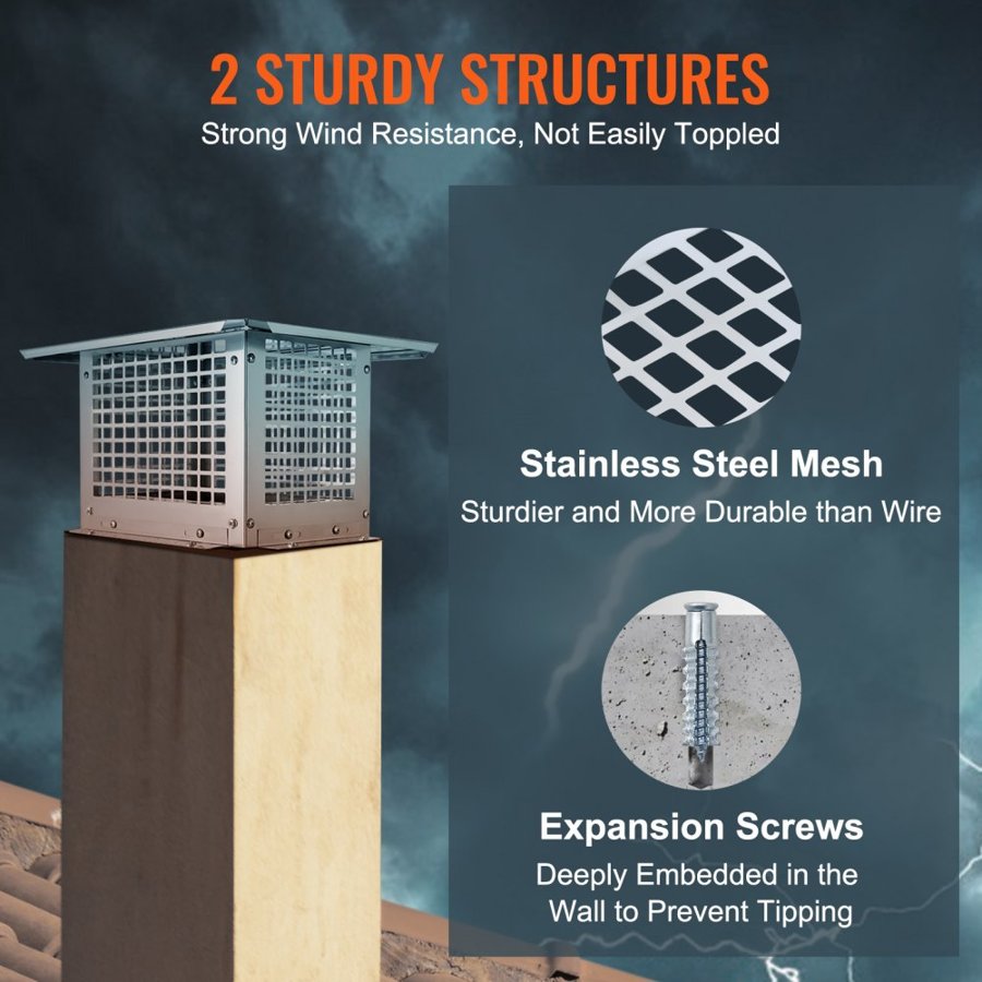 VEVOR Chimney Cap 304.8 x 304.8mm, 304 Stainless Steel Fireplace Chimney Cover, Not Easily Toppled & Practical Accessories & Easy Installation, Fits Mesh Flue Covers Outside Clay Flue Shingles, Silver