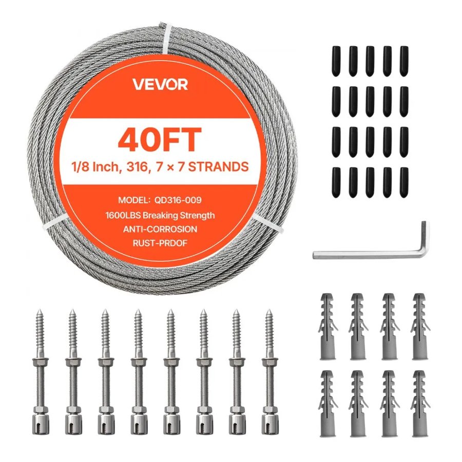 VEVOR Stainless Steel Wire Rope Kit – 316 Steel, 12.2m