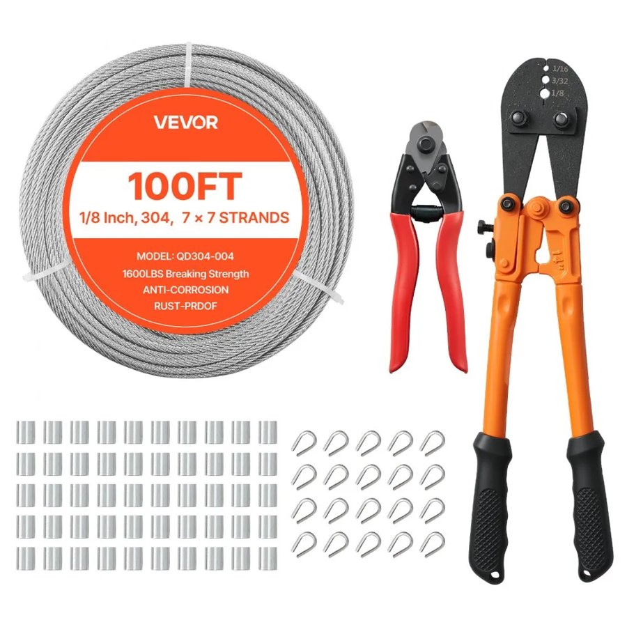 VEVOR 3.2 mm Wire Rope Kit, 30.5 m Length, 304 Stainless Steel Wire Cable with Cutter, 7.1 kN Breaking Strength, 7 x 7 Strands Construction, Steel Cable for Deck Railing System, Garden Trellis