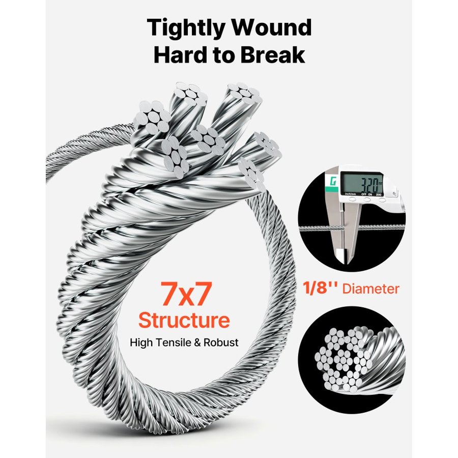 VEVOR 3.2 mm Wire Rope Kit, 30.5 m Length, 304 Stainless Steel Wire Cable with Cutter, 7.1 kN Breaking Strength, 7 x 7 Strands Construction, Steel Cable for Deck Railing System, Garden Trellis