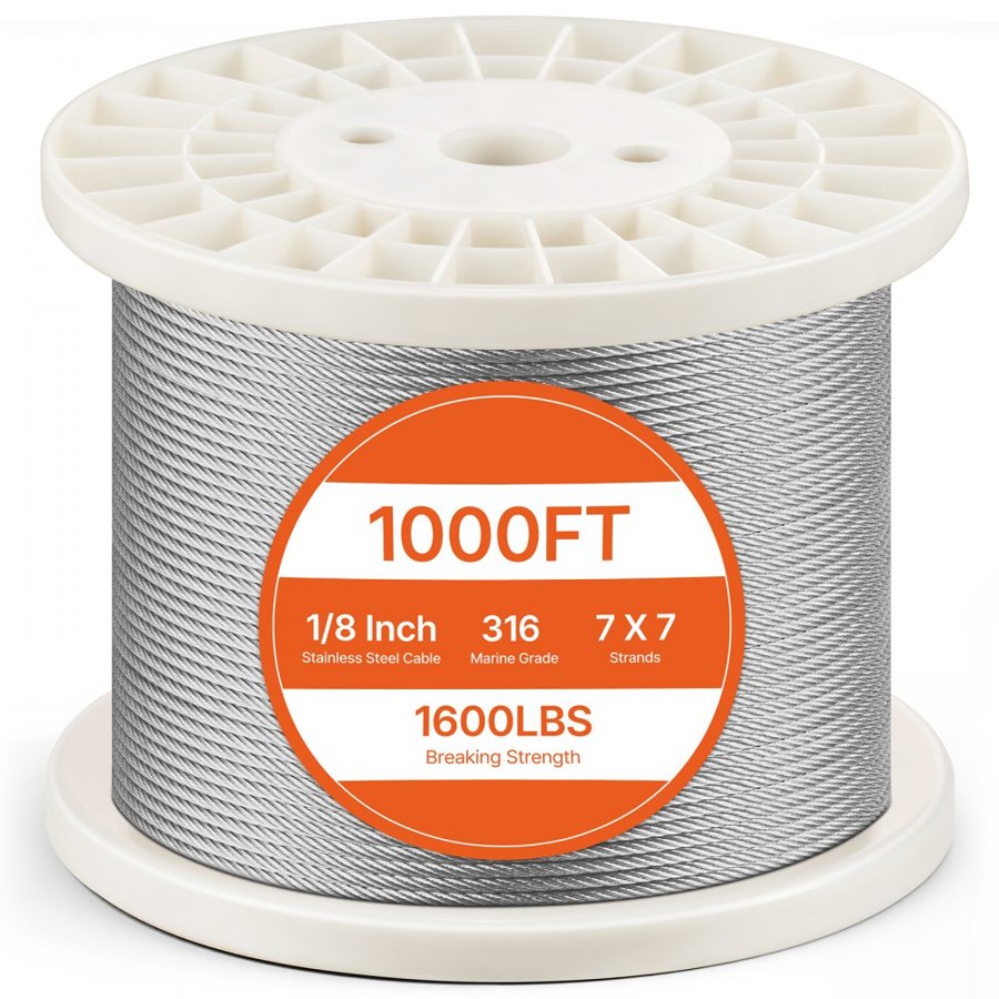 VEVOR Wire Rope Kit, 1/8" 1000 ft 316 Stainless Steel Cable with Cutter and Gloves, 1600 lbs Breaking Strength, 7x7 Strands Construction Marine Aircraft Grade for Handrail Stair Decking Fence Outdoors