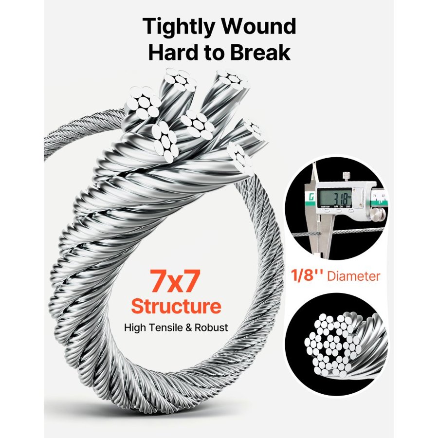 VEVOR Wire Rope Kit, 1/8" 1000 ft 316 Stainless Steel Cable with Cutter and Gloves, 1600 lbs Breaking Strength, 7x7 Strands Construction Marine Aircraft Grade for Handrail Stair Decking Fence Outdoors