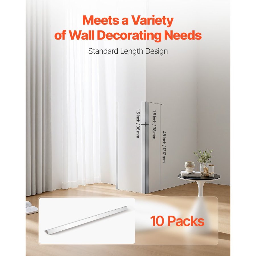 VEVOR Stainless Steel Wall Corner Protector, 38 x 38 x 1217 mm, 10 Pack Metal Corner Guards, 304 Stainless Steel Edge Trim 90-Degree Angle for Home,Office,Commercial Wall Protection, with 3m Tape