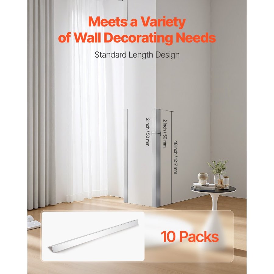 VEVOR Stainless Steel Wall Corner Protector, 50 x 50 x 1217 mm, 10 Pack Metal Corner Guards, 304 Stainless Steel Edge Trim 90-Degree Angle for Home,Office,Commercial Wall Protection, with 3m Tape