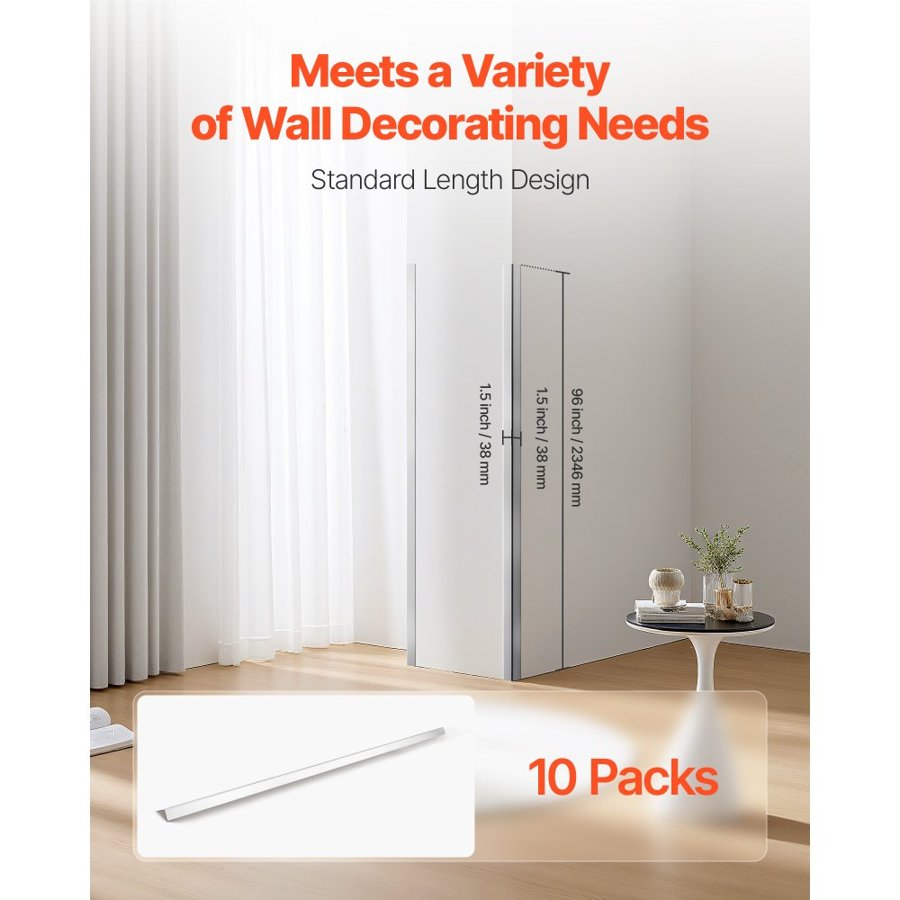 VEVOR Stainless Steel Wall Corner Protector, 38 x 38 x 2436 mm, 10 Pack Metal Corner Guards, 304 Stainless Steel Edge Trim 90-Degree Angle for Home,Office,Commercial Wall Protection, with 3m Tape