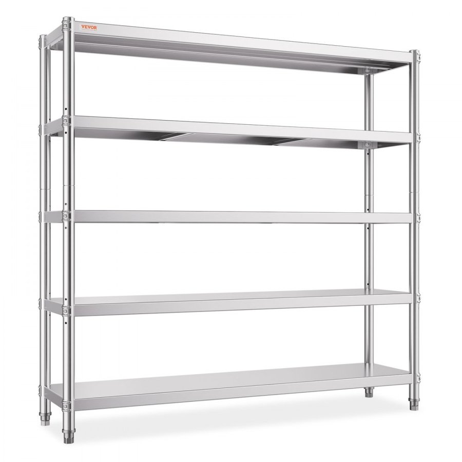 VEVOR Storage Shelf, 5-Tier Storage Shelving Unit, Stainless Steel Garage Shelf, 180.1 x 45 x 180.1 cm Heavy Duty Storage Shelving, 748.4 kg Total Capacity with Adjustable Height