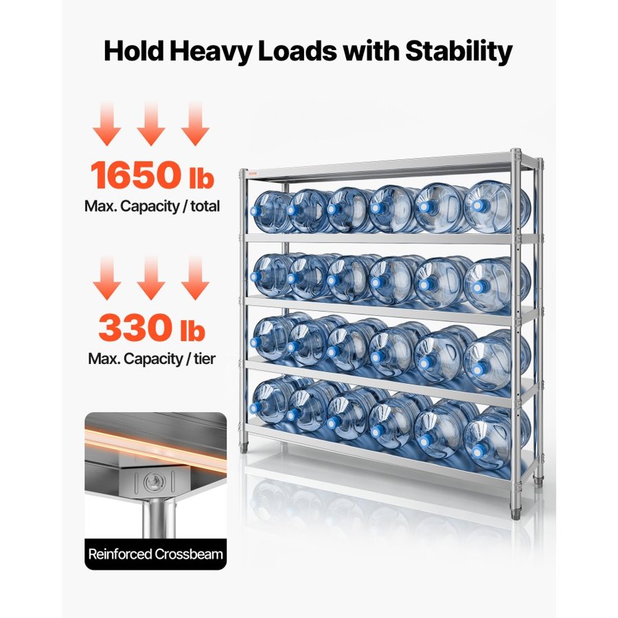 VEVOR Storage Shelf, 5-Tier Storage Shelving Unit, Stainless Steel Garage Shelf, 180.1 x 45 x 180.1 cm Heavy Duty Storage Shelving, 748.4 kg Total Capacity with Adjustable Height