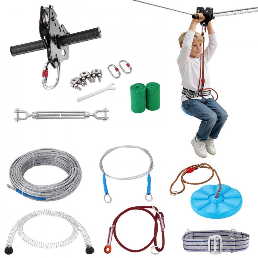 VEVOR Zipline Kit for Kids and Adult, 48.77 m Zip Line Kits Up to 226.8 kg, Backyard Outdoor Quick Setup Zipline, Playground Entertainment with Stainless Steel Zipline, Spring Brake, Safety Harness, Seat