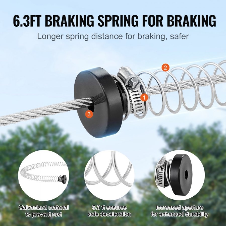 VEVOR Zipline Kit for Kids and Adult, 48.77 m Zip Line Kits Up to 226.8 kg, Backyard Outdoor Quick Setup Zipline, Playground Entertainment with Stainless Steel Zipline, Spring Brake, Safety Harness, Seat