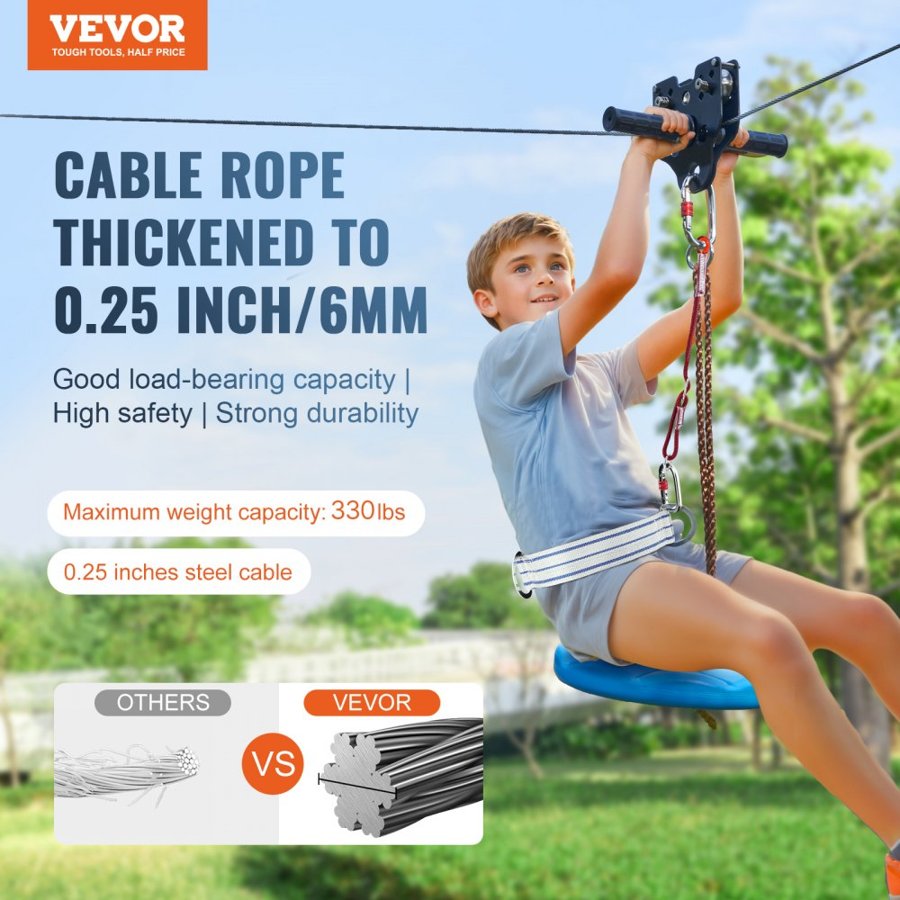 VEVOR Zipline Kit for Kids and Adult, 24.38 m Zip Line Kits Up to 227 kg, Backyard Outdoor Quick Setup Zipline, Playground Entertainment with Stainless Steel Zipline, Spring Brake, Safety Harness, Seat