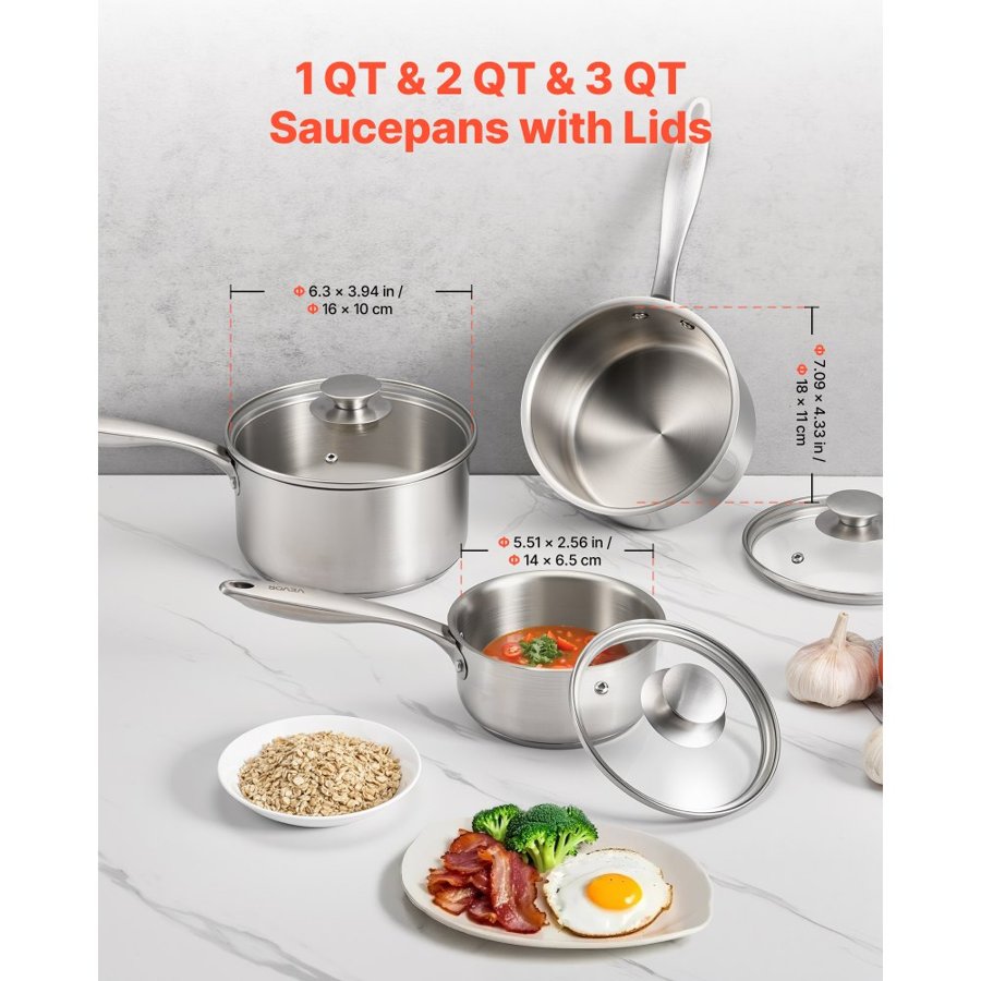 VEVOR Stainless Steel Saucepan Set, 1 QT & 2 QT & 3 QT Saucepans with Glass Lids, Multipurpose Nonstick Stainless Steel Sauce Pot with Ergonomic Handle, Friendly for Oven, Dishwasher, Induction Cooker