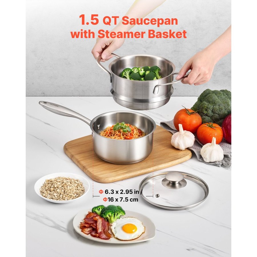 VEVOR 1.5 QT Saucepan Stainless Steel – 2 in 1, 600°F