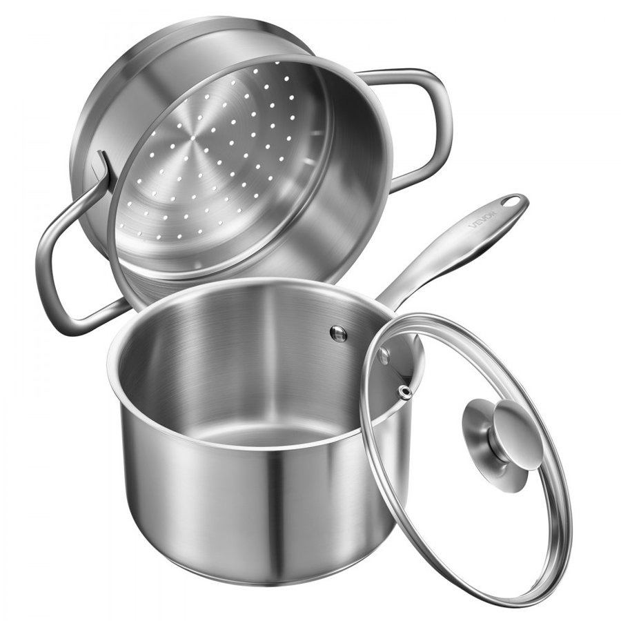 VEVOR 2.5 Qt Stainless Steel Saucepan – Steamer Lid 600 °F