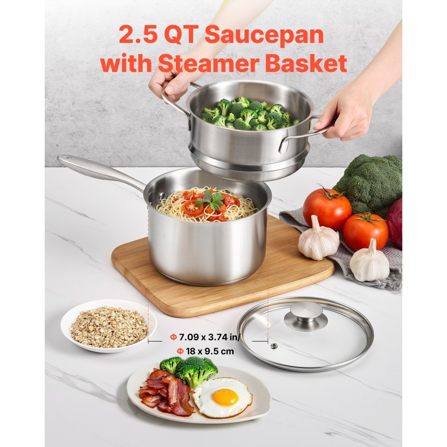 VEVOR 2.5 Qt Stainless Steel Saucepan – Steamer Lid 600 °F
