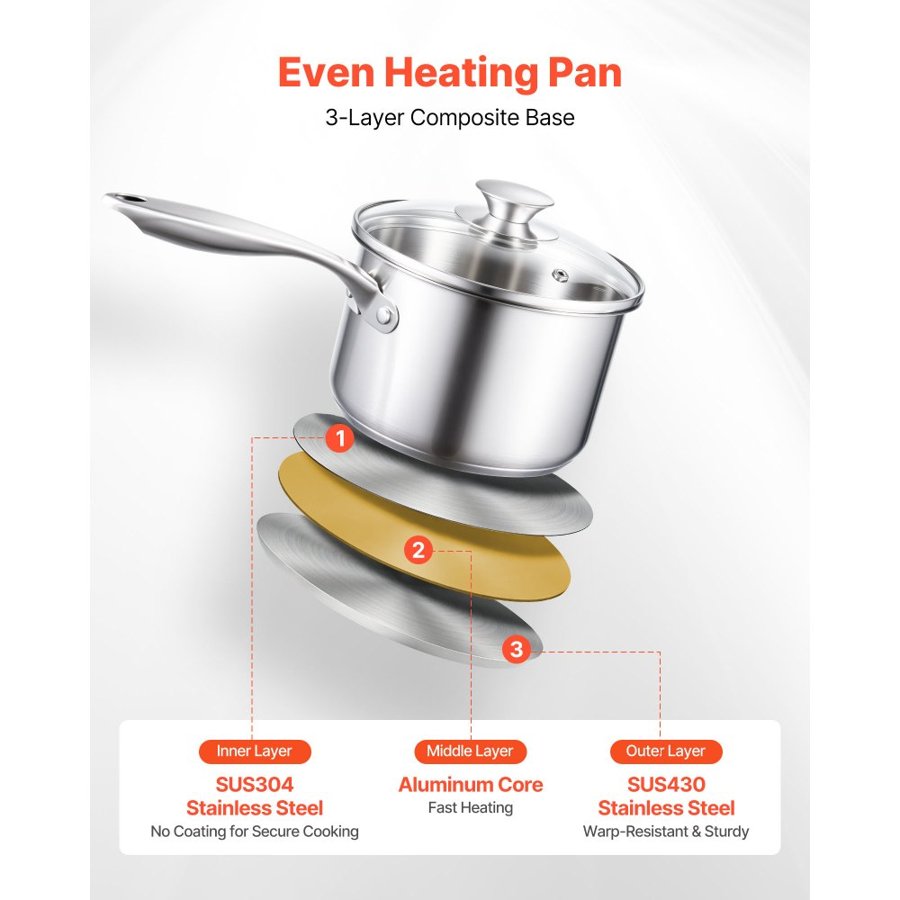 VEVOR 2.5 Qt Stainless Steel Saucepan – Steamer Lid 600 °F