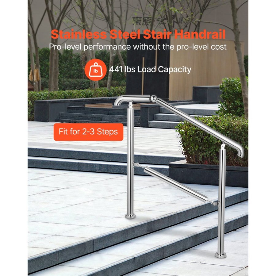 VEVOR 3 Step Railing Stainless Steel Transitional Handrail fit for Level Surface and 1 to 3 Steps Adjustable Stair Railing Indoor Outdoor Step Railings 99.8 kg Capacity W/ Installation Kit Porch DIY