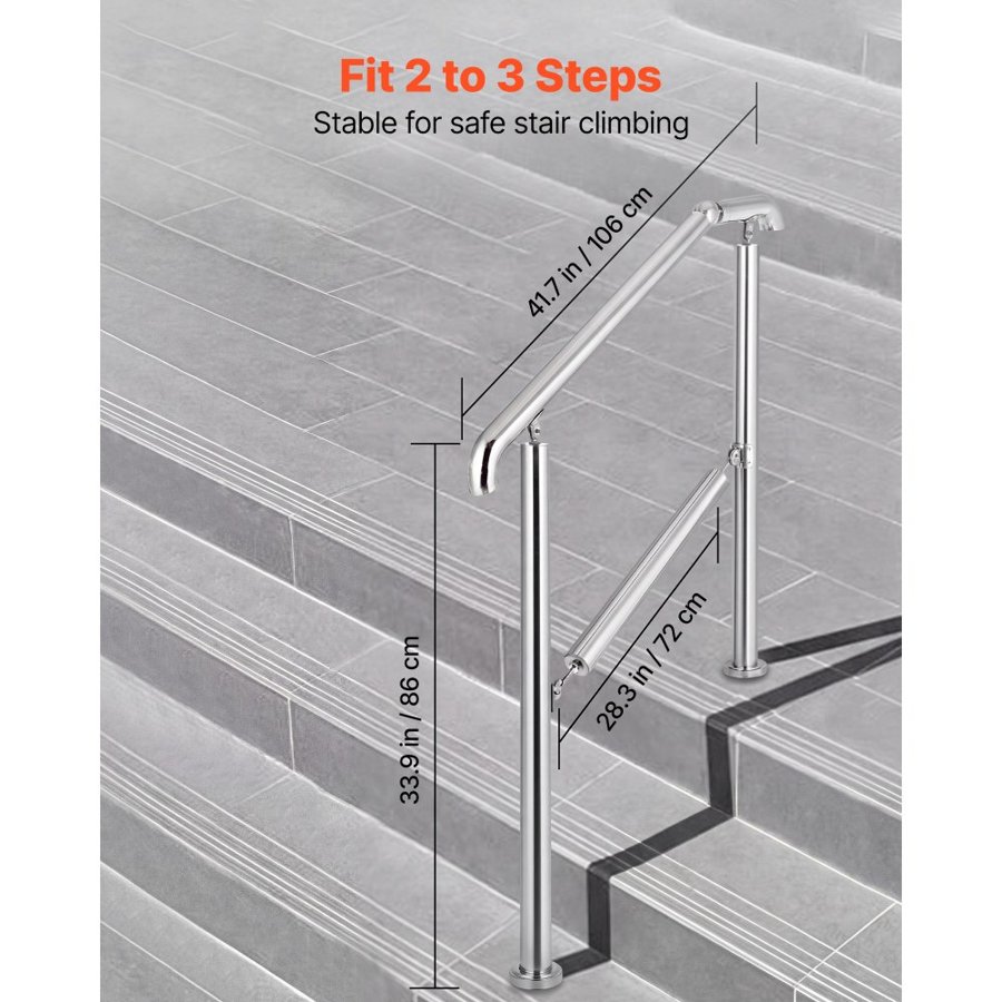 VEVOR 3 Step Railing Stainless Steel Transitional Handrail fit for Level Surface and 1 to 3 Steps Adjustable Stair Railing Indoor Outdoor Step Railings 99.8 kg Capacity W/ Installation Kit Porch DIY